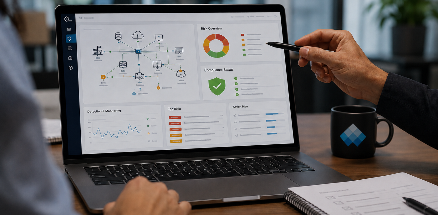 NISG 2026 readiness check in a realistic office setting with a laptop dashboard for system overview, risk assessment, monitoring and compliance status.