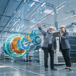 Factory digitalization with two people using AI dashboard in the Automotive industry