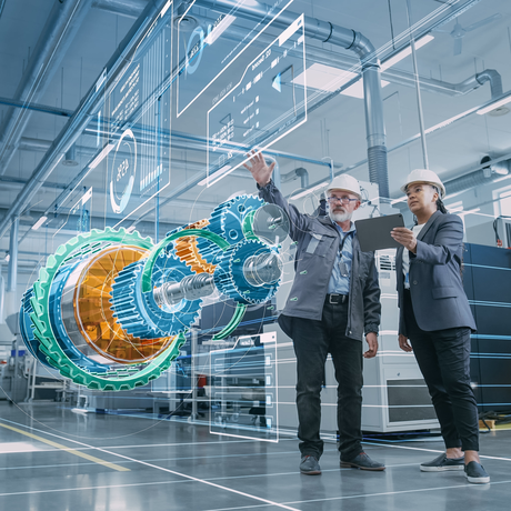 Factory digitalization with two people using AI dashboard in the Automotive industry