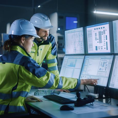 Two people working in a modern industrial factory with big screens and AI dashboards