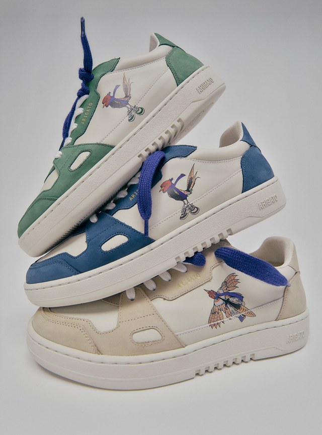 Three sneakers stacked: green, blue, and beige accents with bird illustrations. Each has a white base and unique Airich branding.