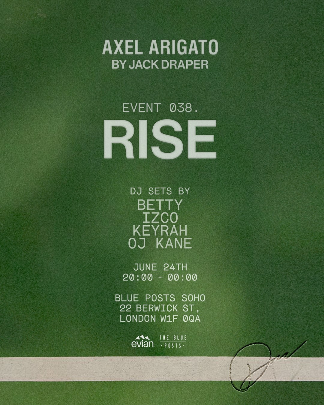 Green event flyer for Axel Arigato "RISE" with DJ sets by Betty, Izco, Keyrah, and OJ Kane on June 24th at Blue Posts Soho, London.