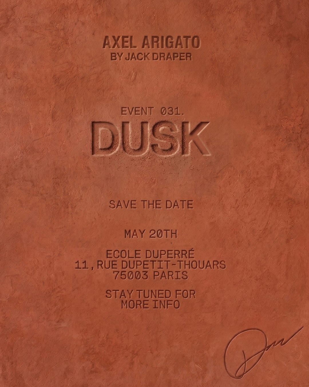 Save the date event invitation for "Dusk" by Axel Arigato and Jack Draper on May 20th, at Ecole Duperré, Paris.