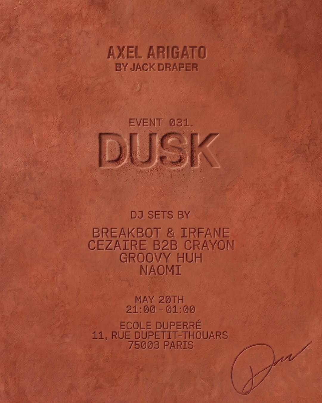 Brown textured event poster for "Dusk" with DJ sets listed, scheduled for May 20th, 21:00-01:00 at École Duperré, Paris.