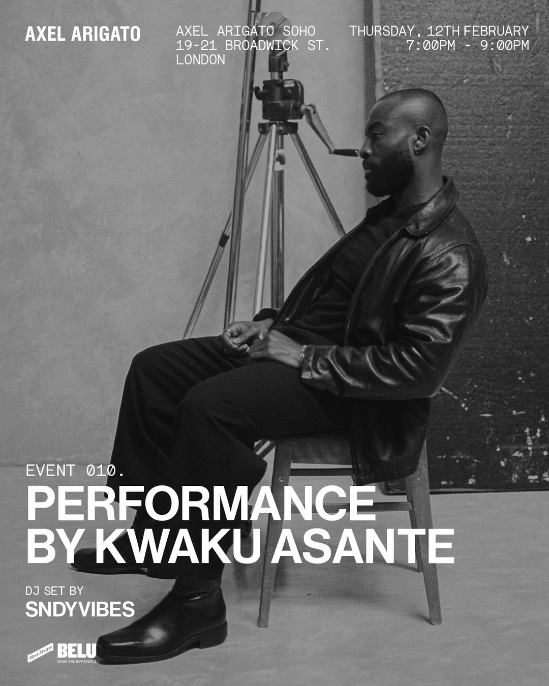 Man seated in front of a camera on a tripod, wearing a black outfit. Text details event information for a performance by Kwaku Asante.