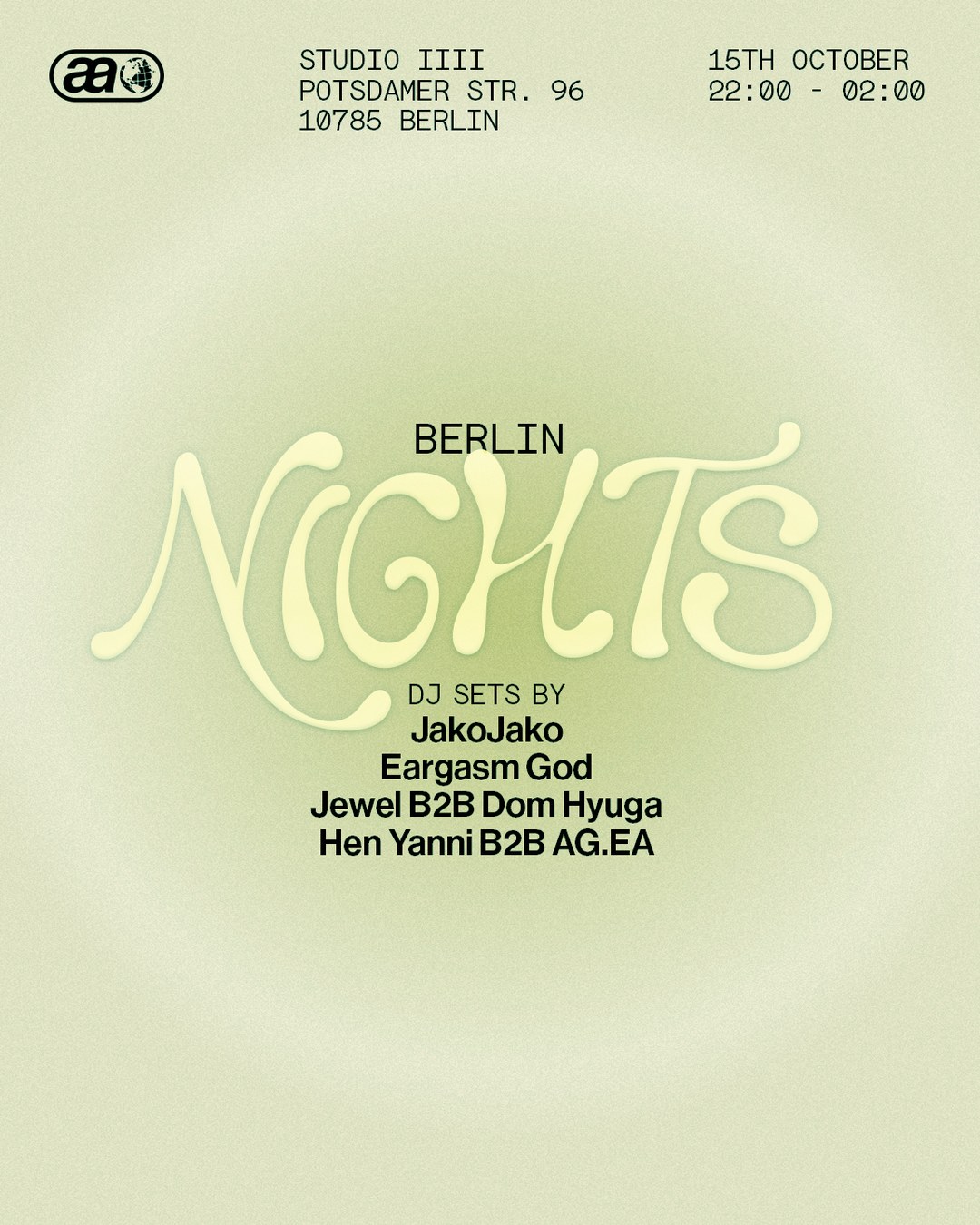 Flyer for "Berlin Nights" event at Studio IIII, Berlin, on 15th October, 22:00-02:00, featuring DJ sets by JakoJako and others.