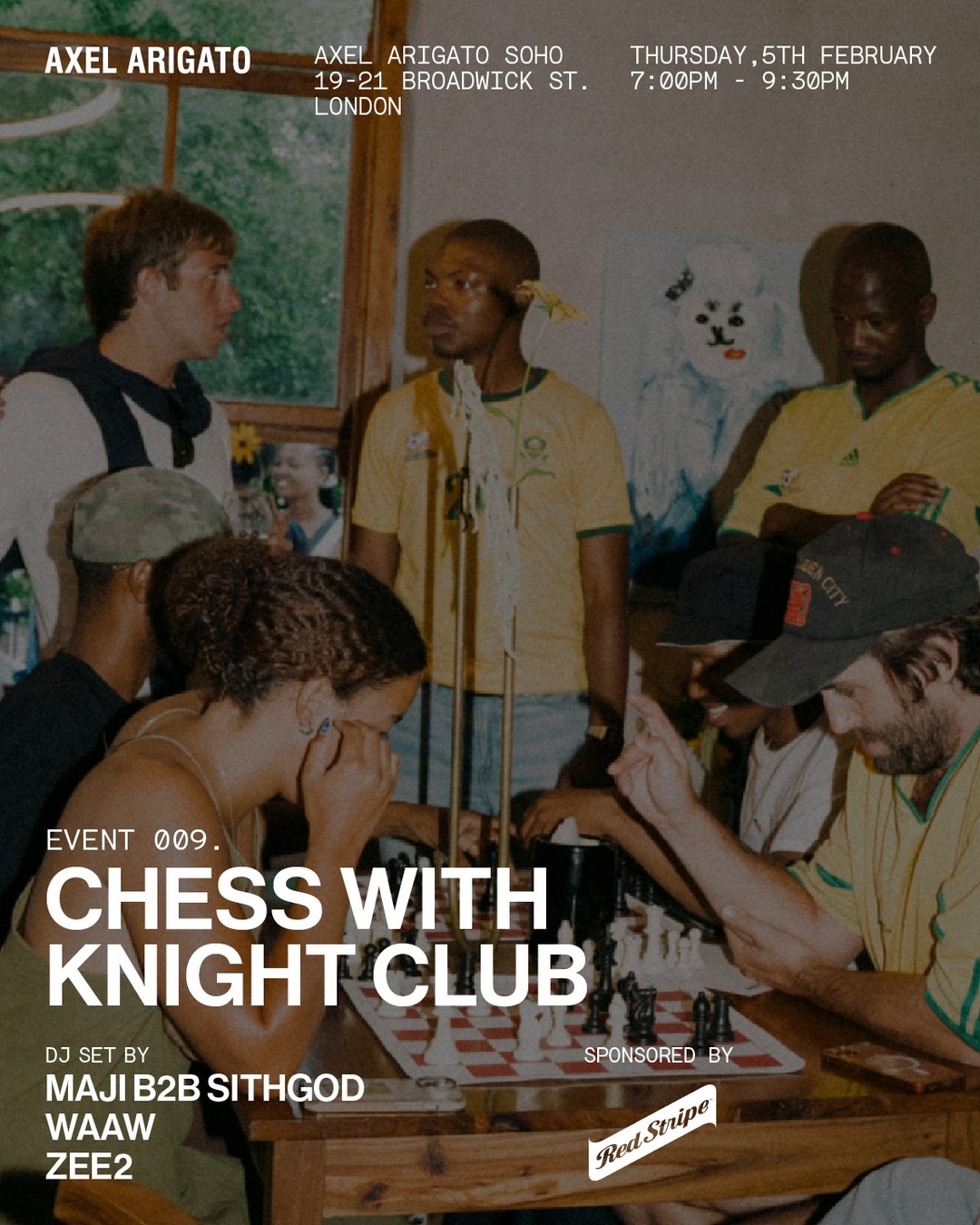 Group of people playing chess around a table at an event. Text details venue and time, featuring DJ sets by Maji B2B Sithgod, Waaw, Zee2.