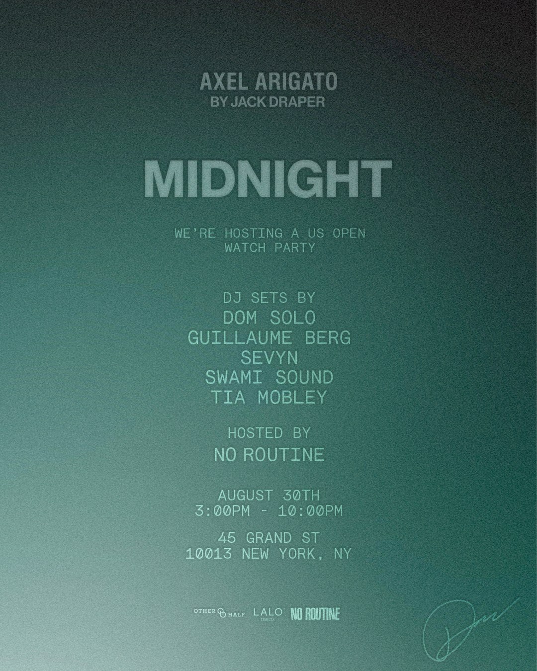 Flyer for "Midnight" US Open watch party on August 30th, 3-10 PM at 45 Grand St, NYC, featuring DJ sets by various artists, hosted by No Routine.