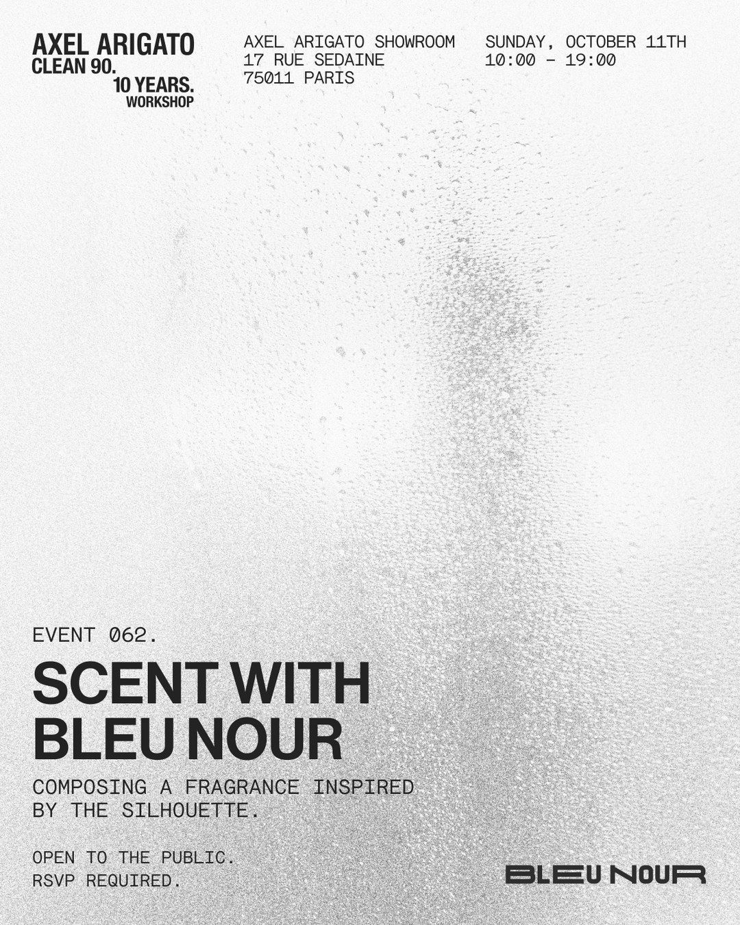 Poster for "Scent with Bleu Nour" event at Axel Arigato Showroom, Paris, on October 11th, 10:00-19:00. Fragrance workshop, RSVP required.