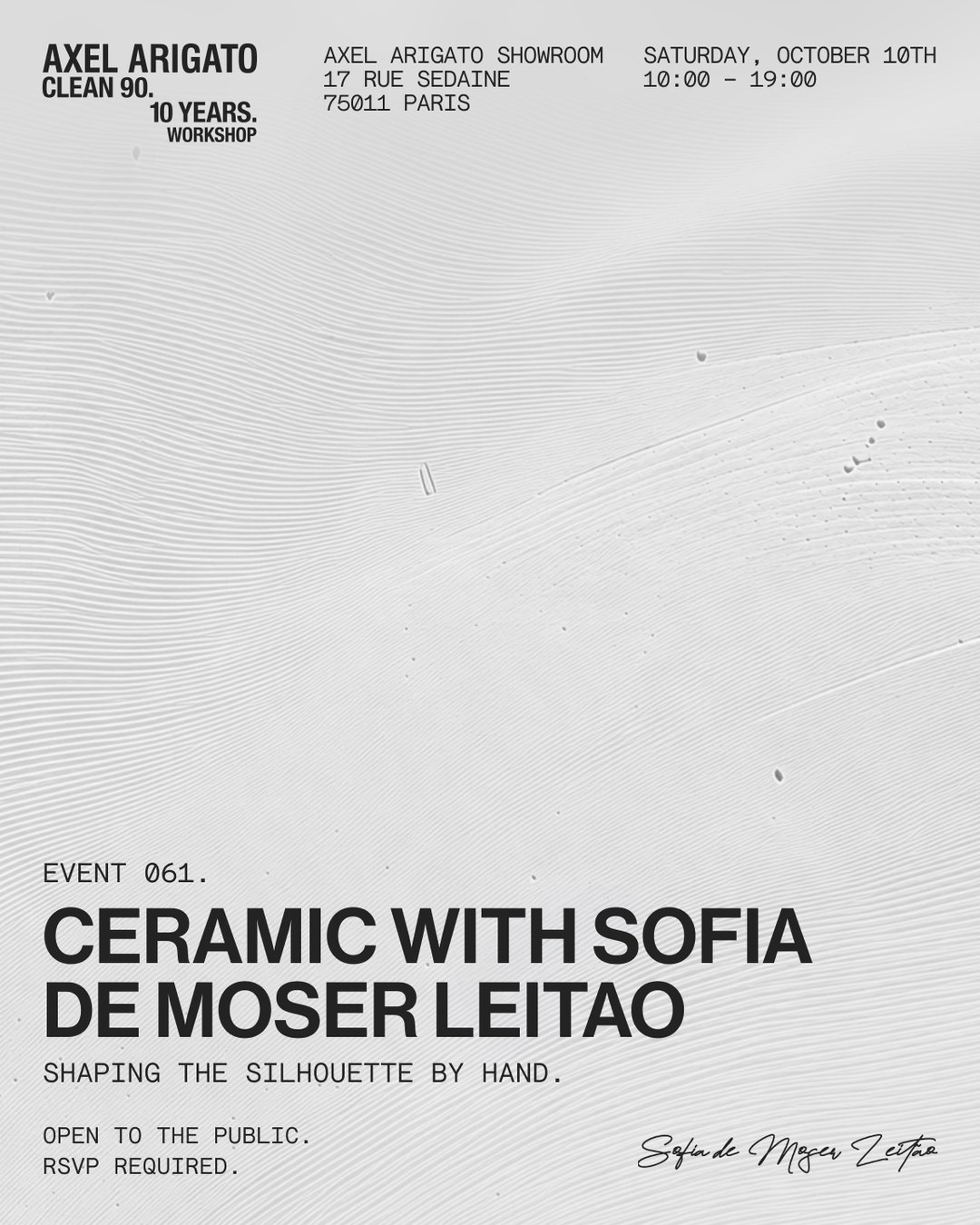 Event flyer for a ceramic workshop with Sofia de Moser Leitao on October 10th at Axel Arigato Showroom, Paris. RSVP required. Open to the public.