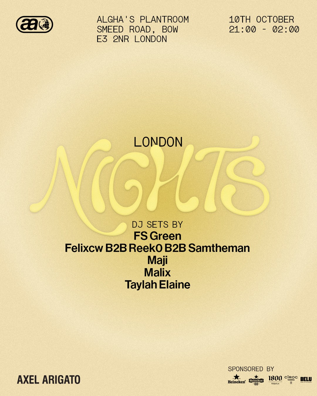 Flyer for "London Nights" event at Algha's Plantroom, Bow, London, on October 10, 21:00-02:00. DJ sets by FS Green, Felixcw, Reek0, and more.