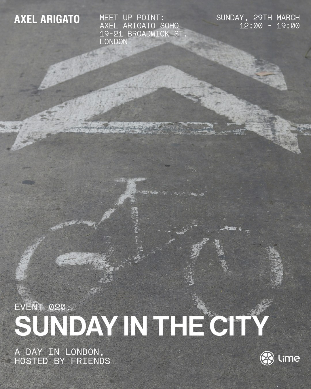 Event poster featuring a road with bike lane markings, titled "Sunday in the City." Details include a London meetup on Sunday, 29th March.