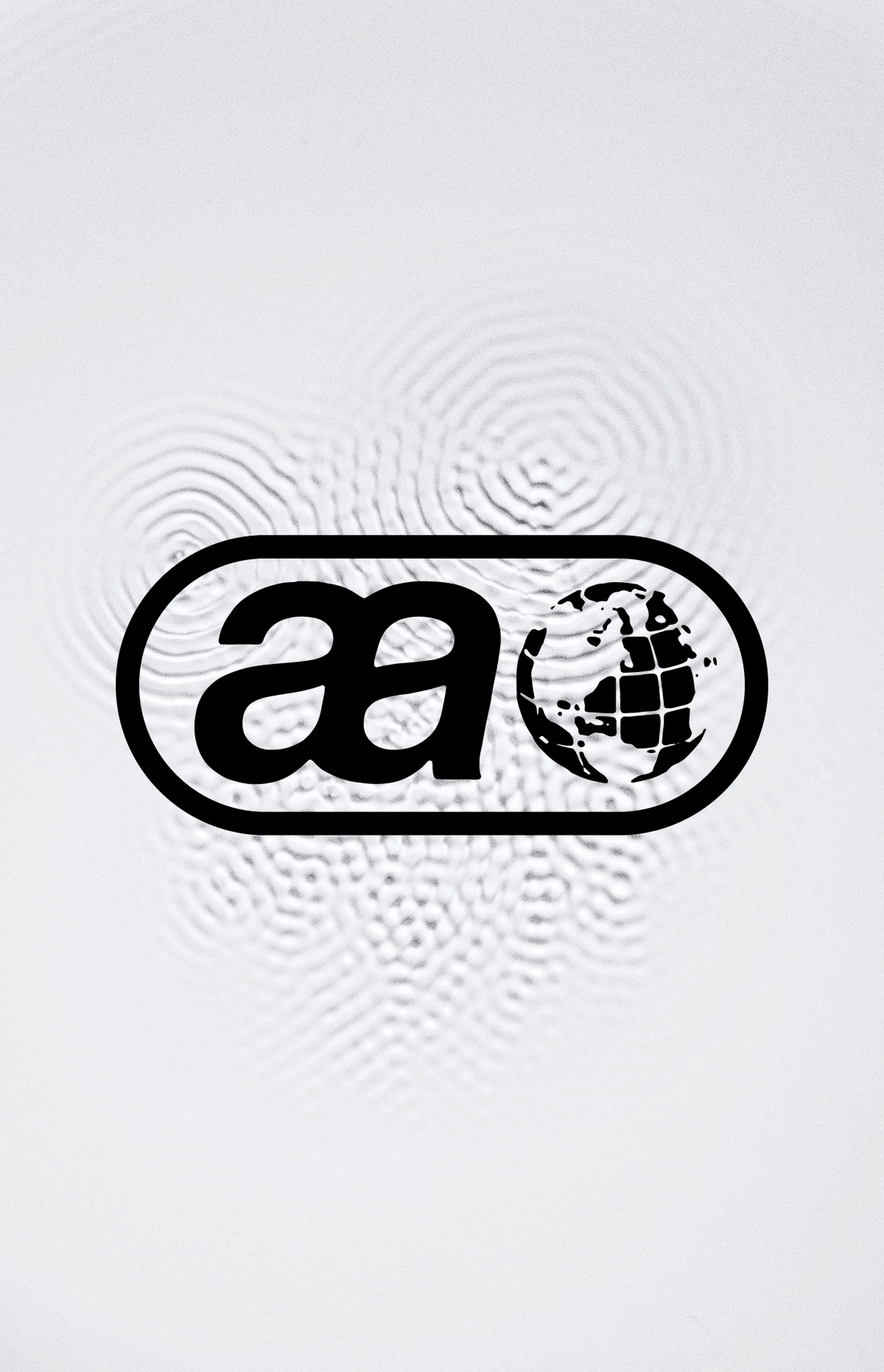 Black logo with stylized "aa" and a globe design on a textured white background with ripple effect.