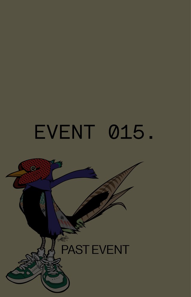 Illustrated bird in sneakers and a scarf, with text "Event 015" and "Past Event" on a plain brown background.