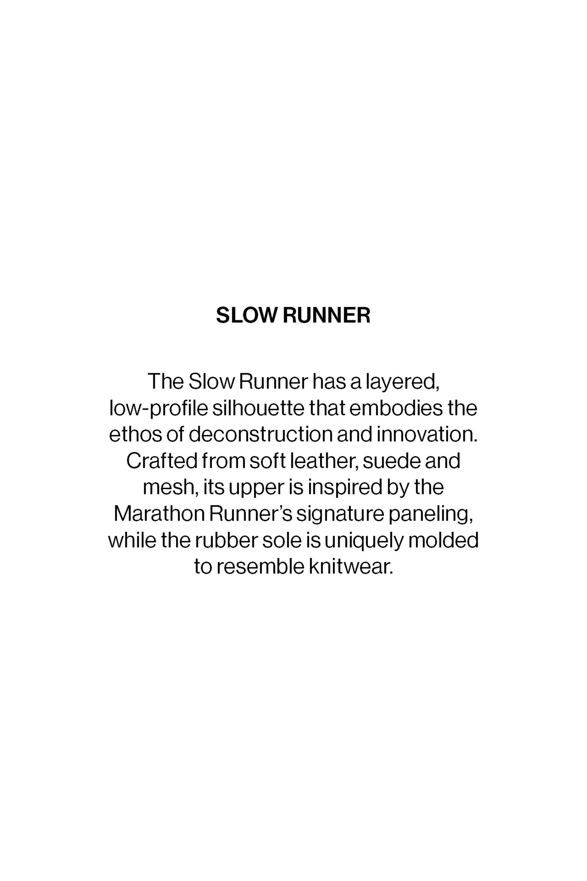 Text describing the Slow Runner shoe, highlighting its layered design, materials, and inspiration from marathon runners, with a knitwear-like sole.