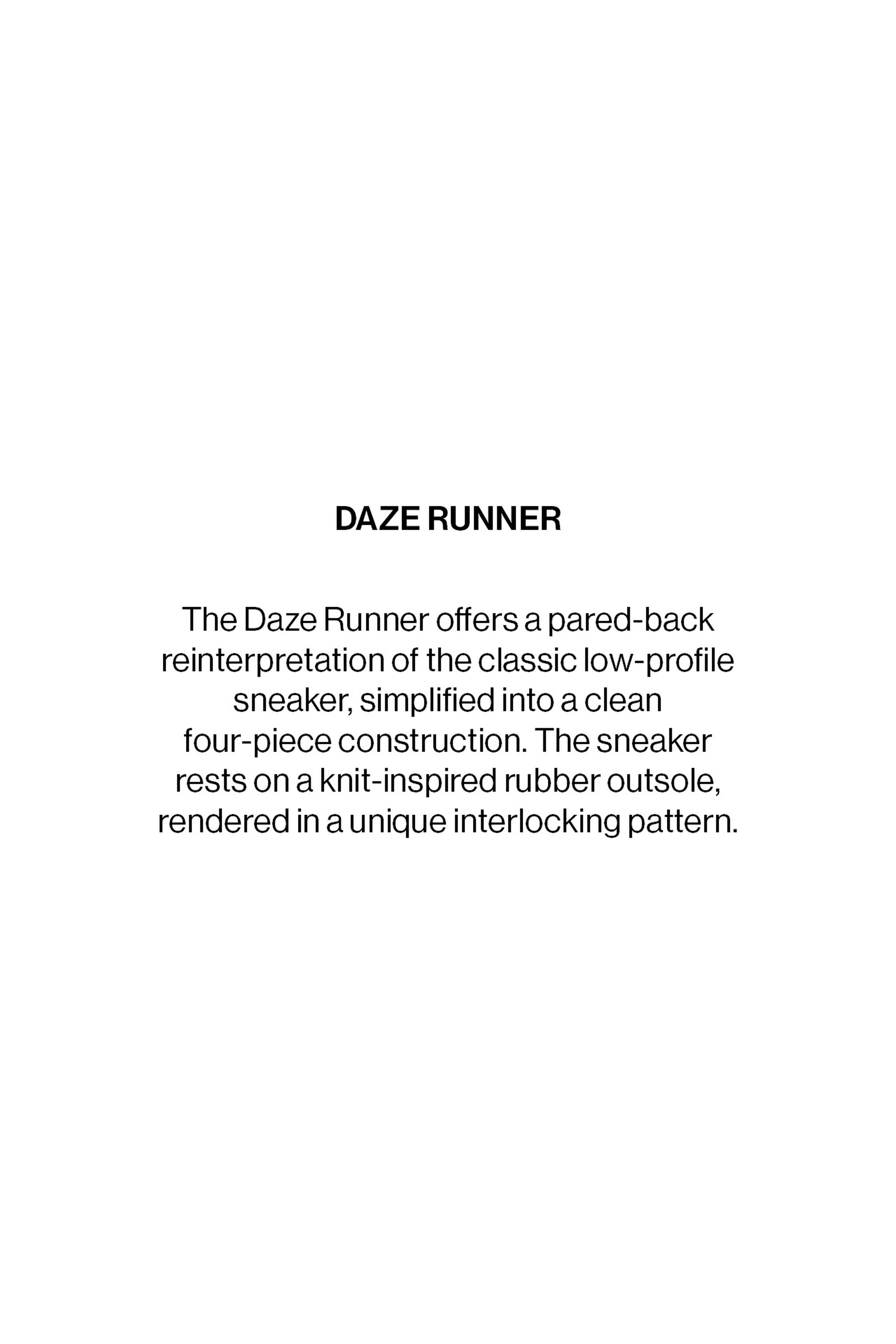Text describing the Daze Runner sneaker, highlighting its minimalist design and unique interlocking knit-inspired rubber outsole.