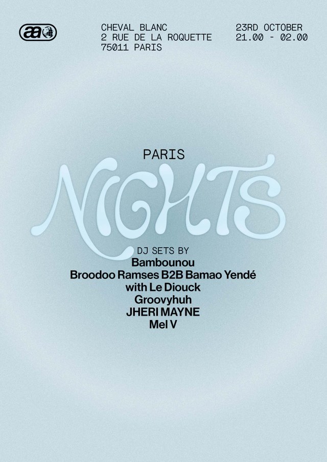Poster for "Paris Nights" event at Cheval Blanc, Paris, on 23rd October, featuring DJ sets by Bambounou, Broodoo Ramses, and more.