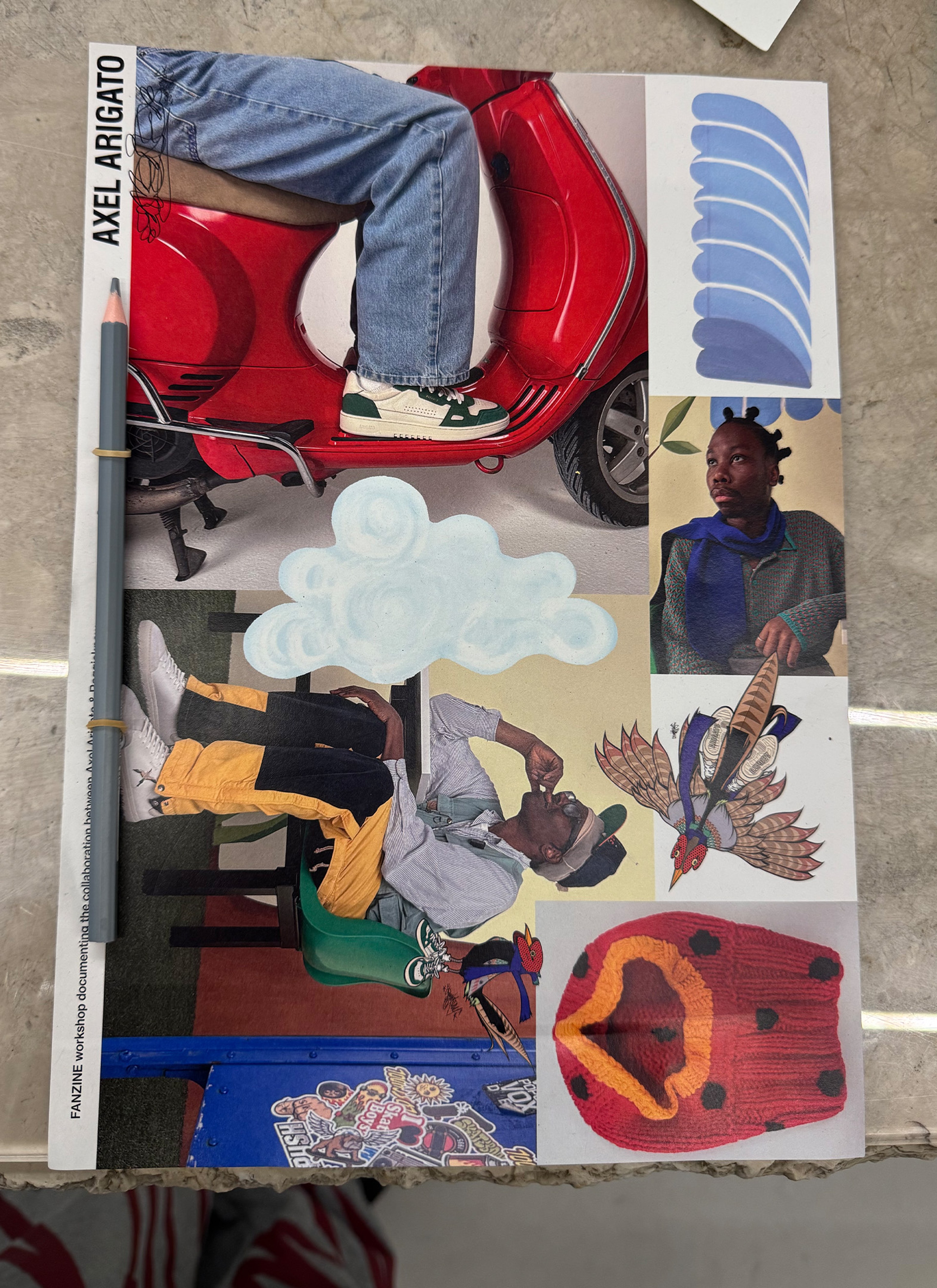 Collage featuring a person on a scooter, a cloud illustration, a bird tattoo, a seated man, a hooded sweater, and blue swatches.