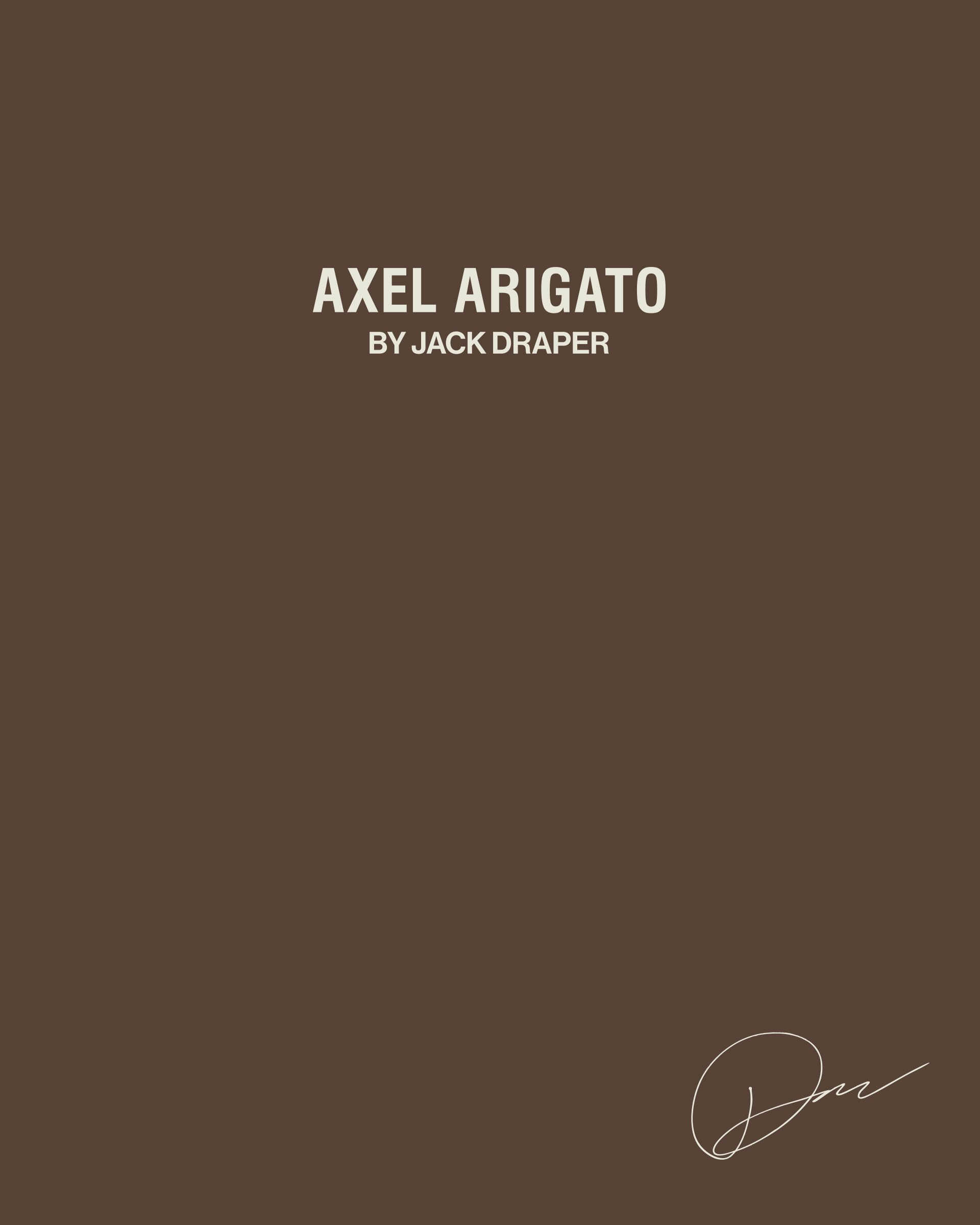 Brown cover with white text reading "AXEL ARIGATO by JACK DRAPER" and a signature at the bottom right.