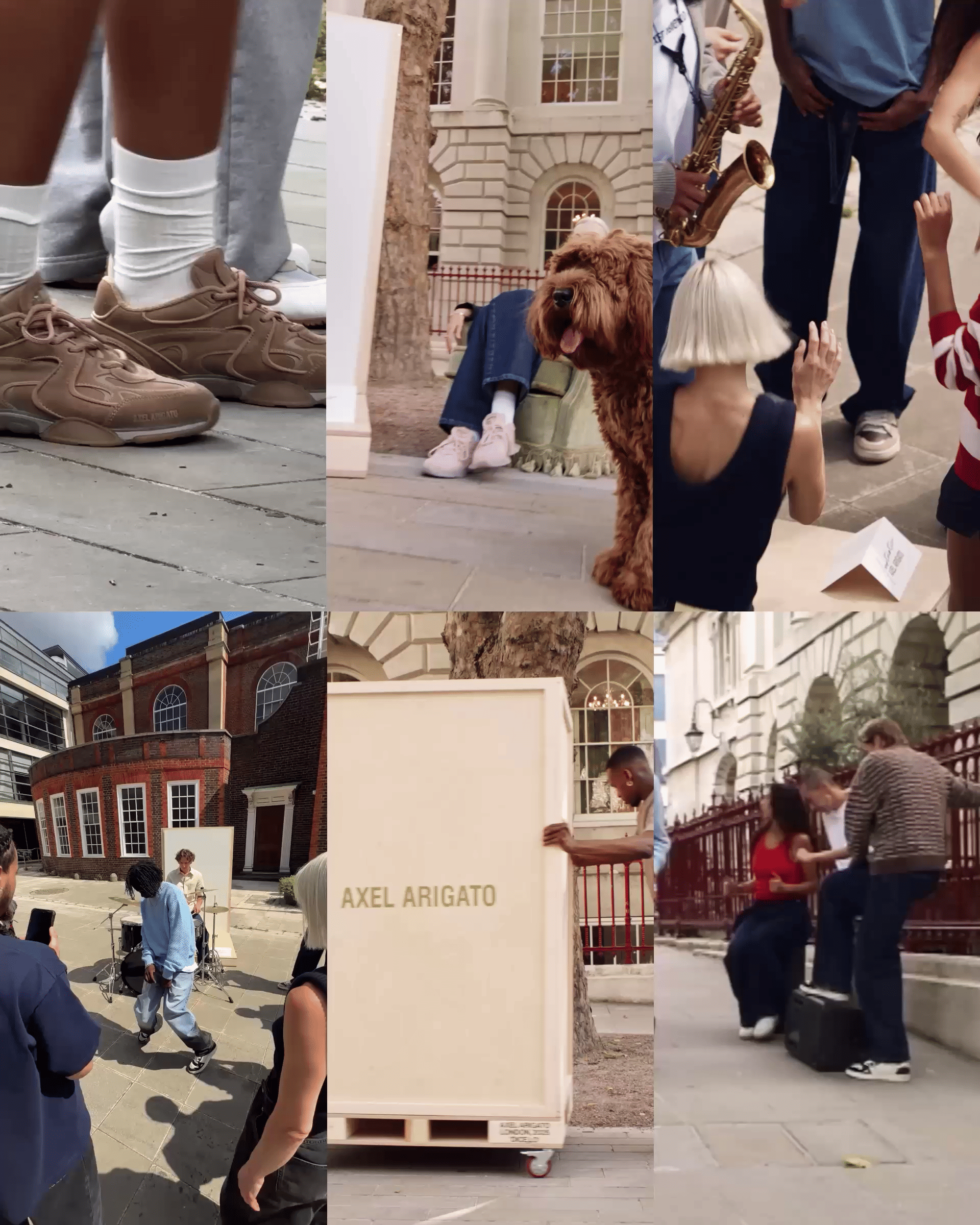 Collage of people interacting outdoors, featuring a dog, a large box labeled "Axel Arigato," and various casual outfits and shoes.