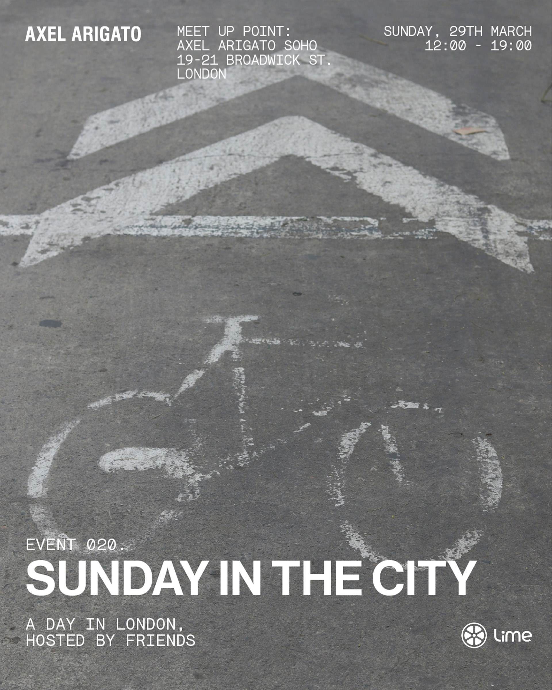 Street bike symbol with arrows on pavement; text overlay detailing a meet-up event in London by Axel Arigato on Sunday, 29th March.