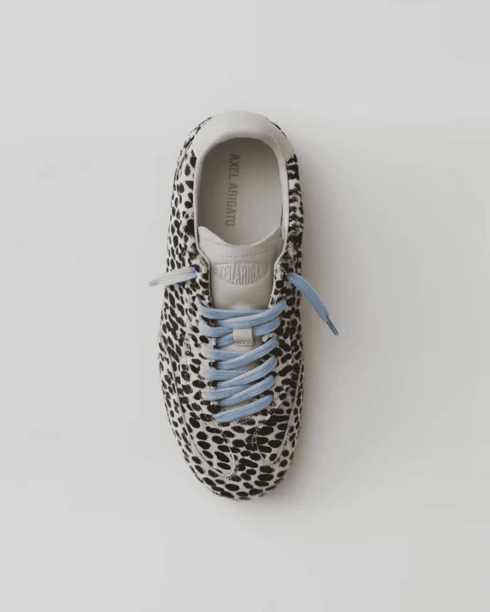 Black and white spotted sneaker with light blue laces, viewed from above against a plain background.