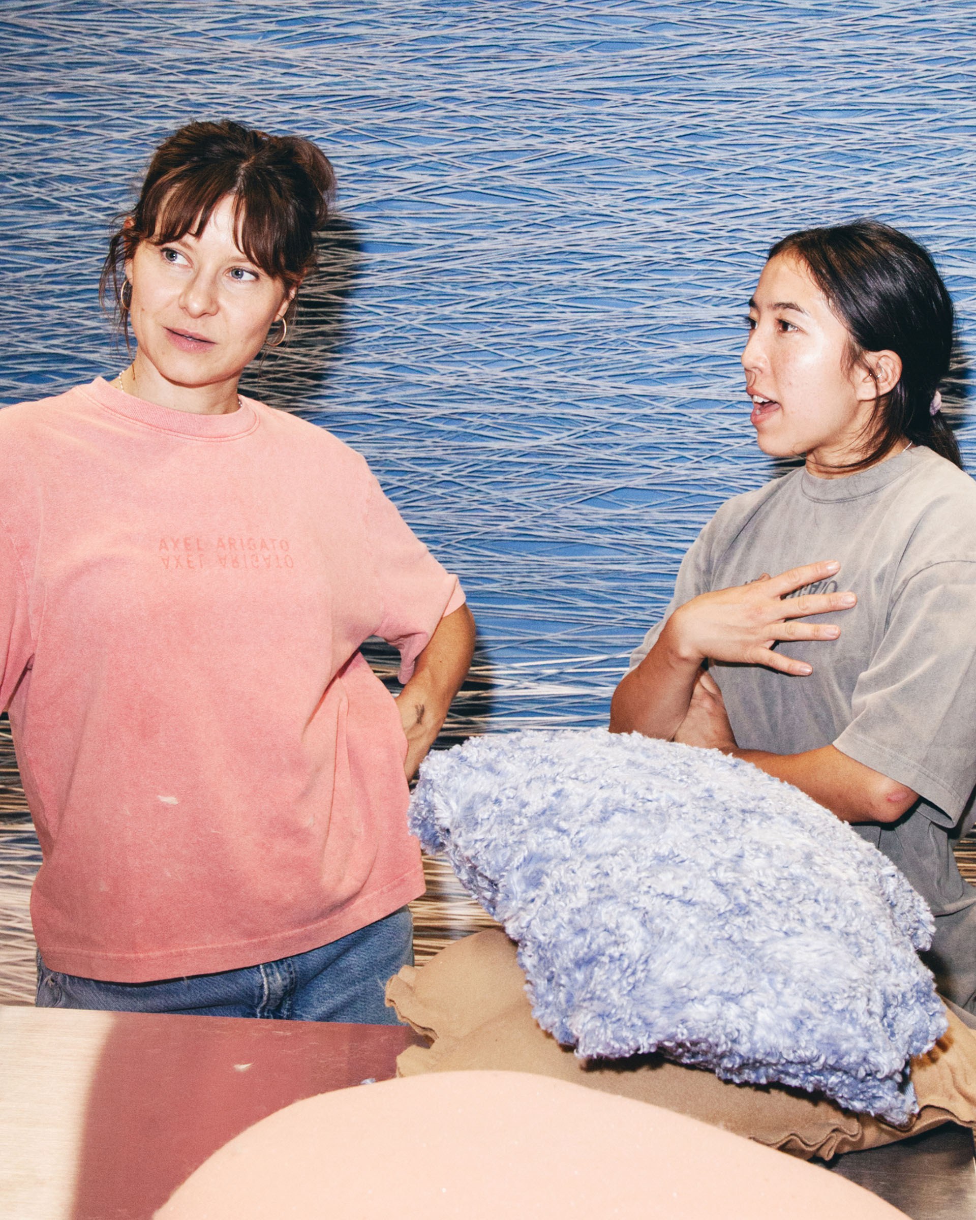 Two women engaged in conversation, one wearing a pink shirt and the other a gray shirt, stand in front of a textured blue wall with soft, fluffy materials.