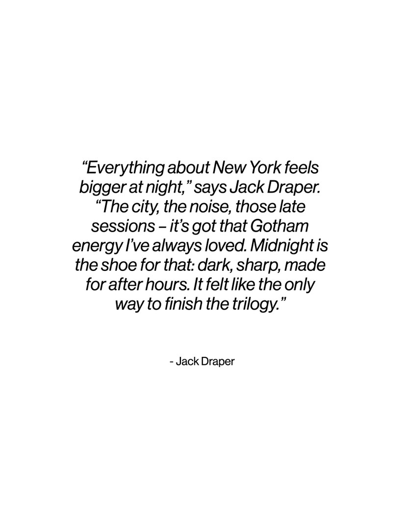 Text from Jack Draper about New York at night, likening it to Gotham, and describing "Midnight" as a shoe for the trilogy's dark, sharp end.
