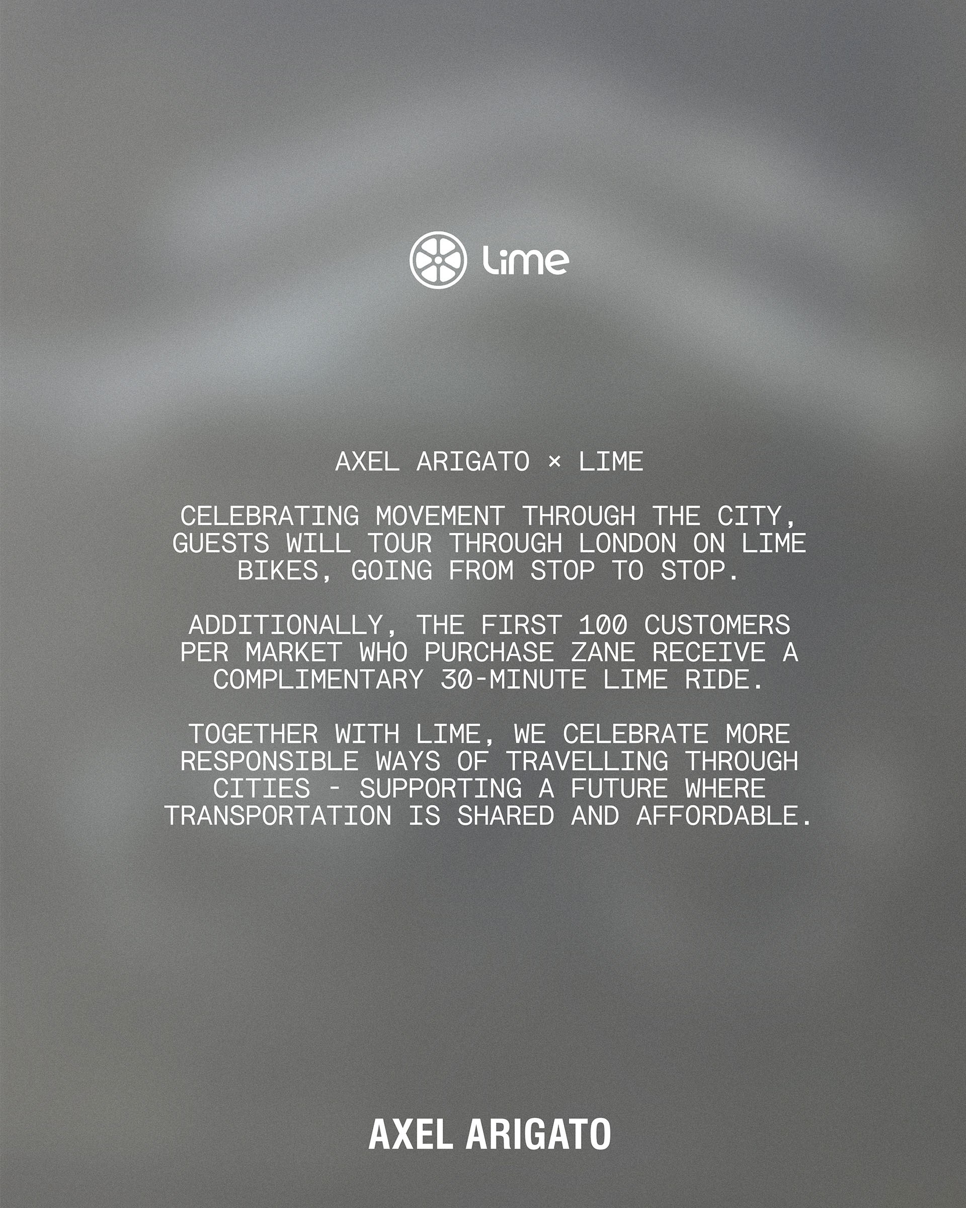 Gray poster with Axel Arigato and Lime collaboration details, promoting complimentary Lime bike rides for market customers in London.