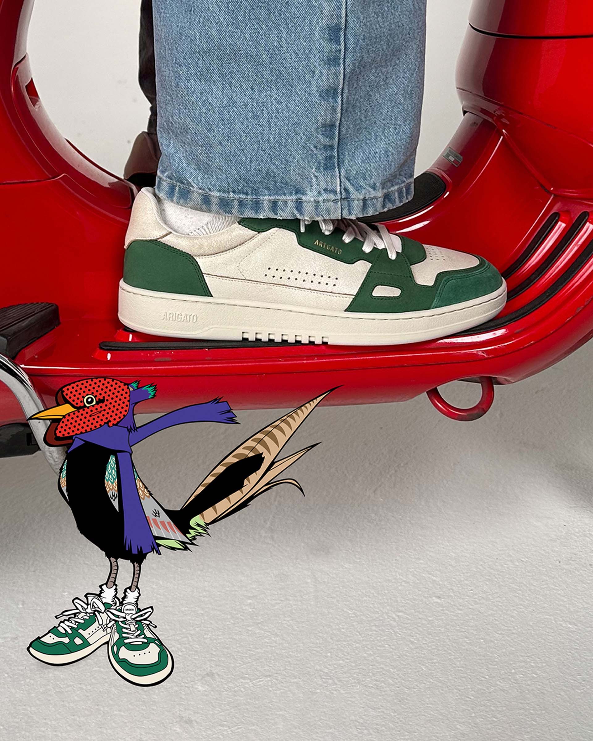 Person wearing green and white sneakers on red scooter, with cartoon bird wearing matching sneakers and scarf nearby.