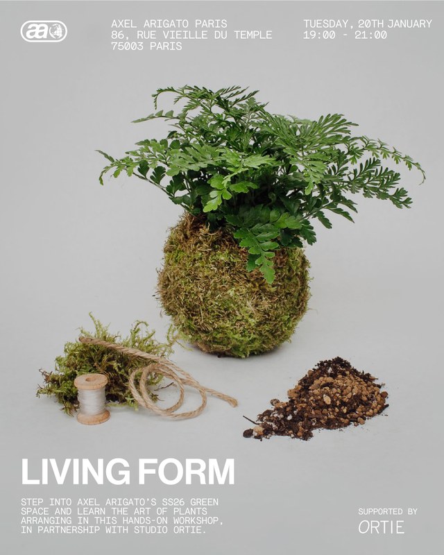 Kokedama workshop poster showing a moss-covered plant ball, soil, spool of twine, and details of the event.