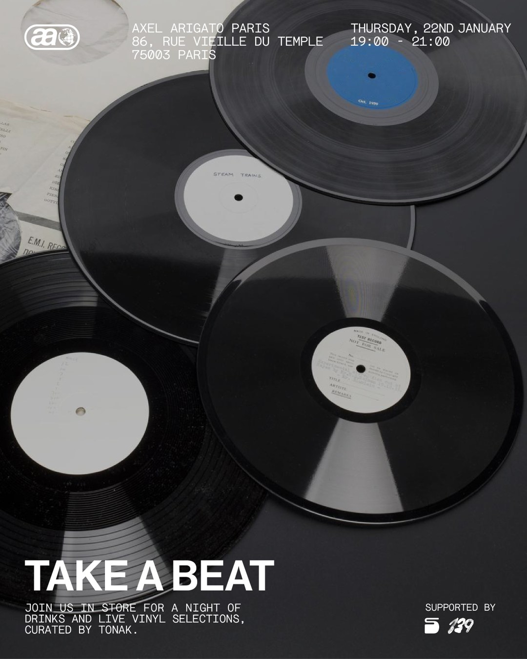 Vinyl records on a surface; text details a music event in Paris with drinks and live vinyl selections, curated by Tonax.