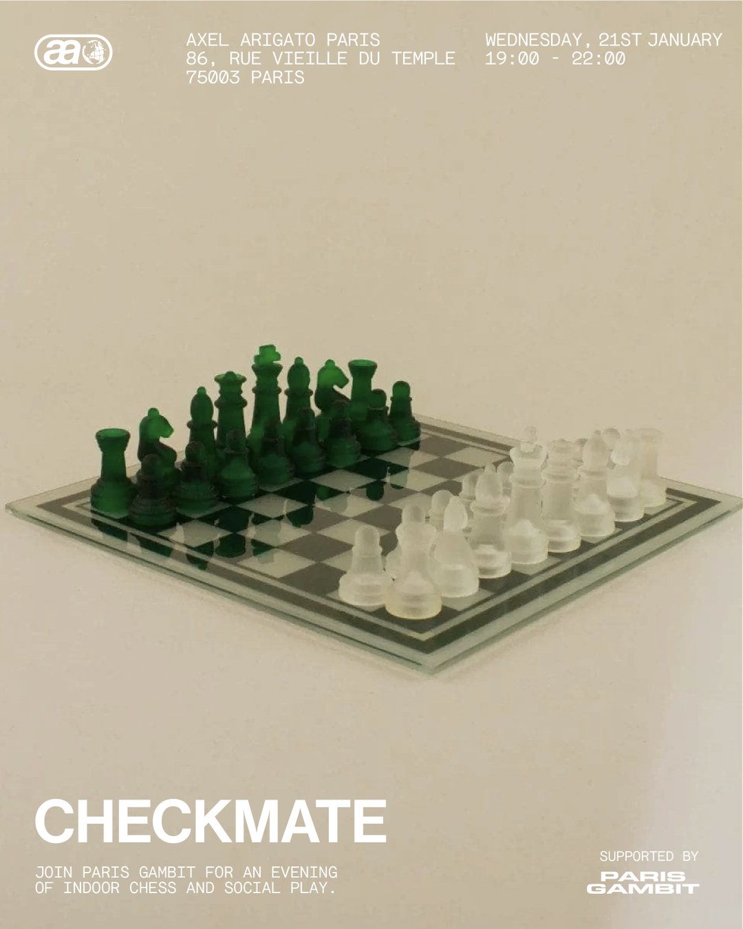 Clear and frosted chess pieces on a glass board, promoting a Paris chess event on January 21st at Axel Arigato Paris.