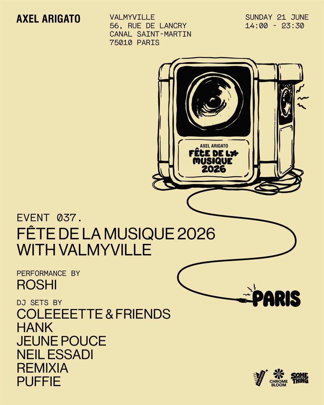 Event poster for “Fête de la Musique 2026” in Paris, featuring performances by Roshi and DJ sets by various artists.