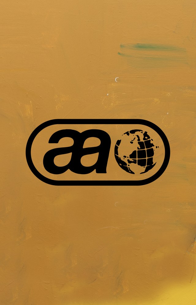 Black "aa" logo with a globe design on an orange background.