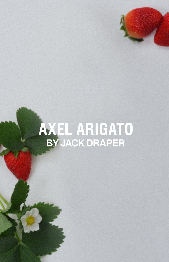 Text "Axel Arigato by Jack Draper" on a white background with strawberries and leaves in the corners.