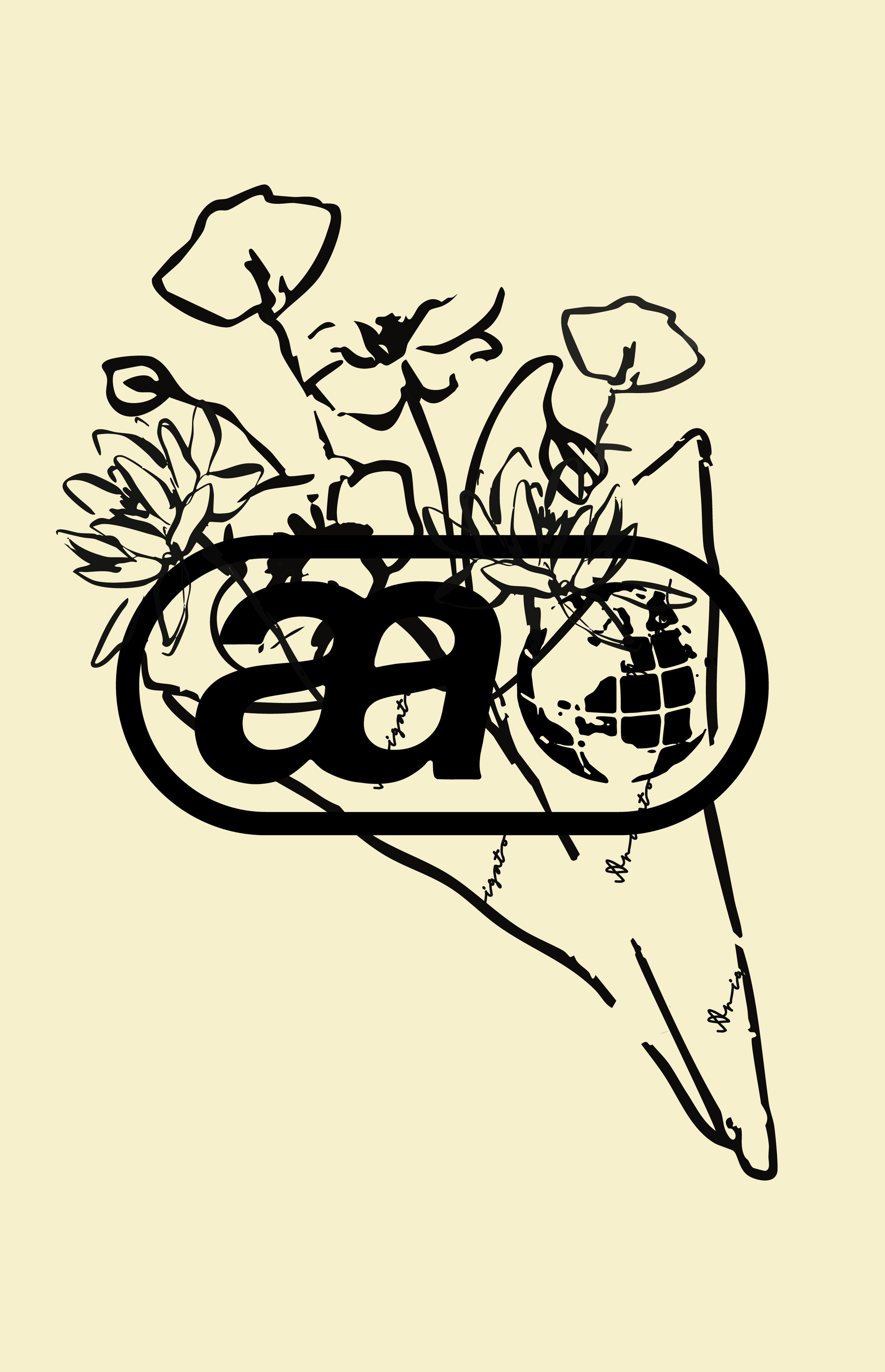 Abstract line drawing of flowers with a stylized "aa" and globe symbol overlay on a beige background.