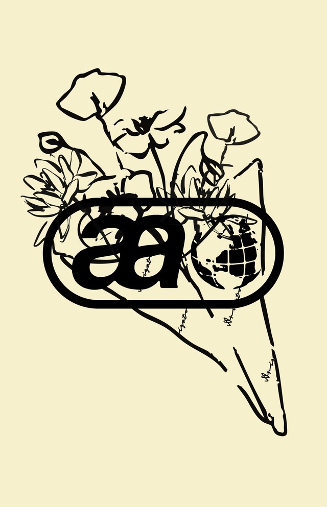 Abstract line drawing of flowers with a stylized "aa" and globe symbol overlay on a beige background.