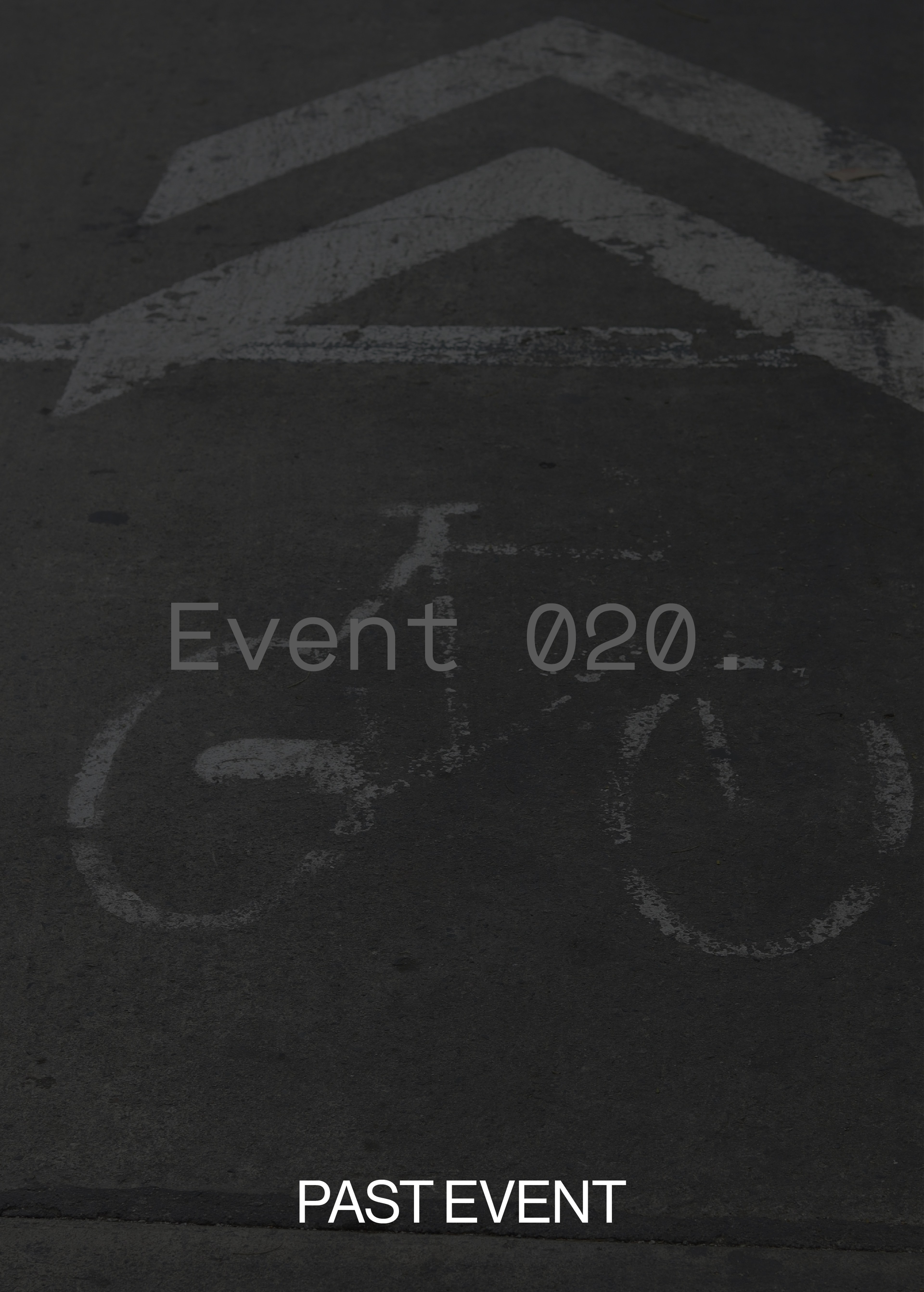 Faded bicycle path symbol on dark pavement marked with "Event 020" and "PAST EVENT" in white text.