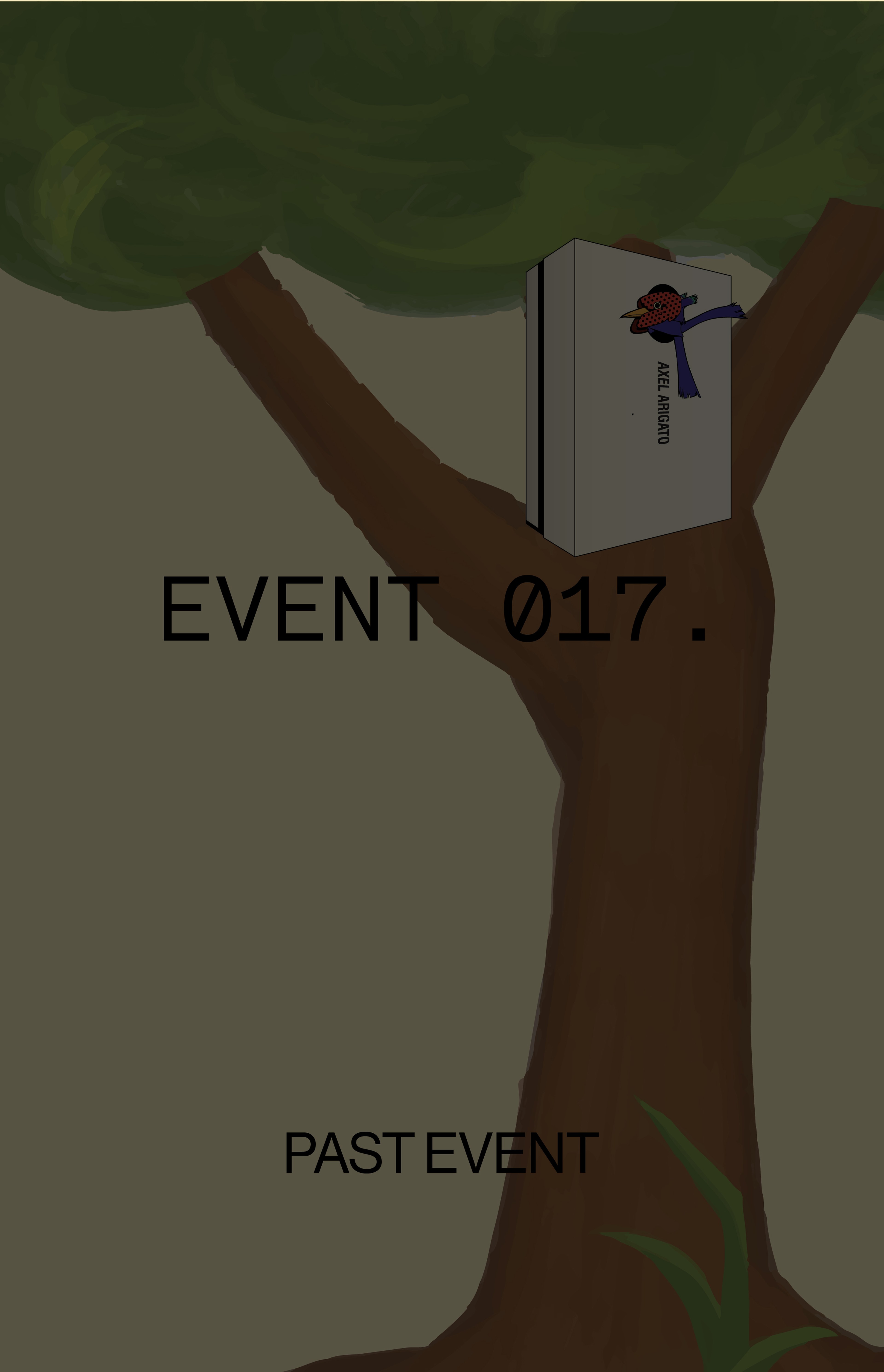 A book with a flower on a branch in a tree, labeled "Event 017." Text below reads "Past Event."