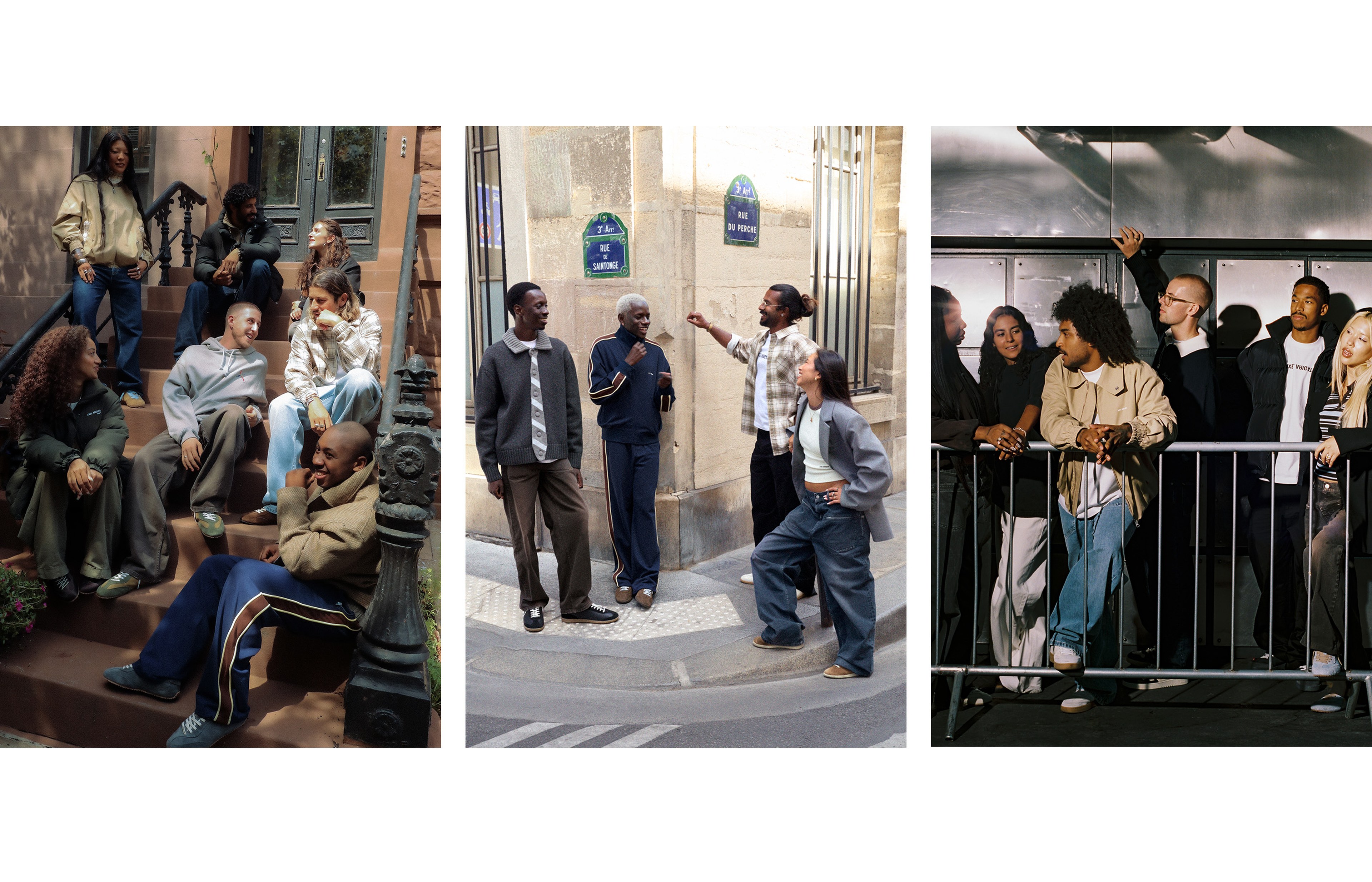 Three photos of diverse groups of people talking and interacting, one group on a stoop, another on a street corner, and a third near metal barriers.