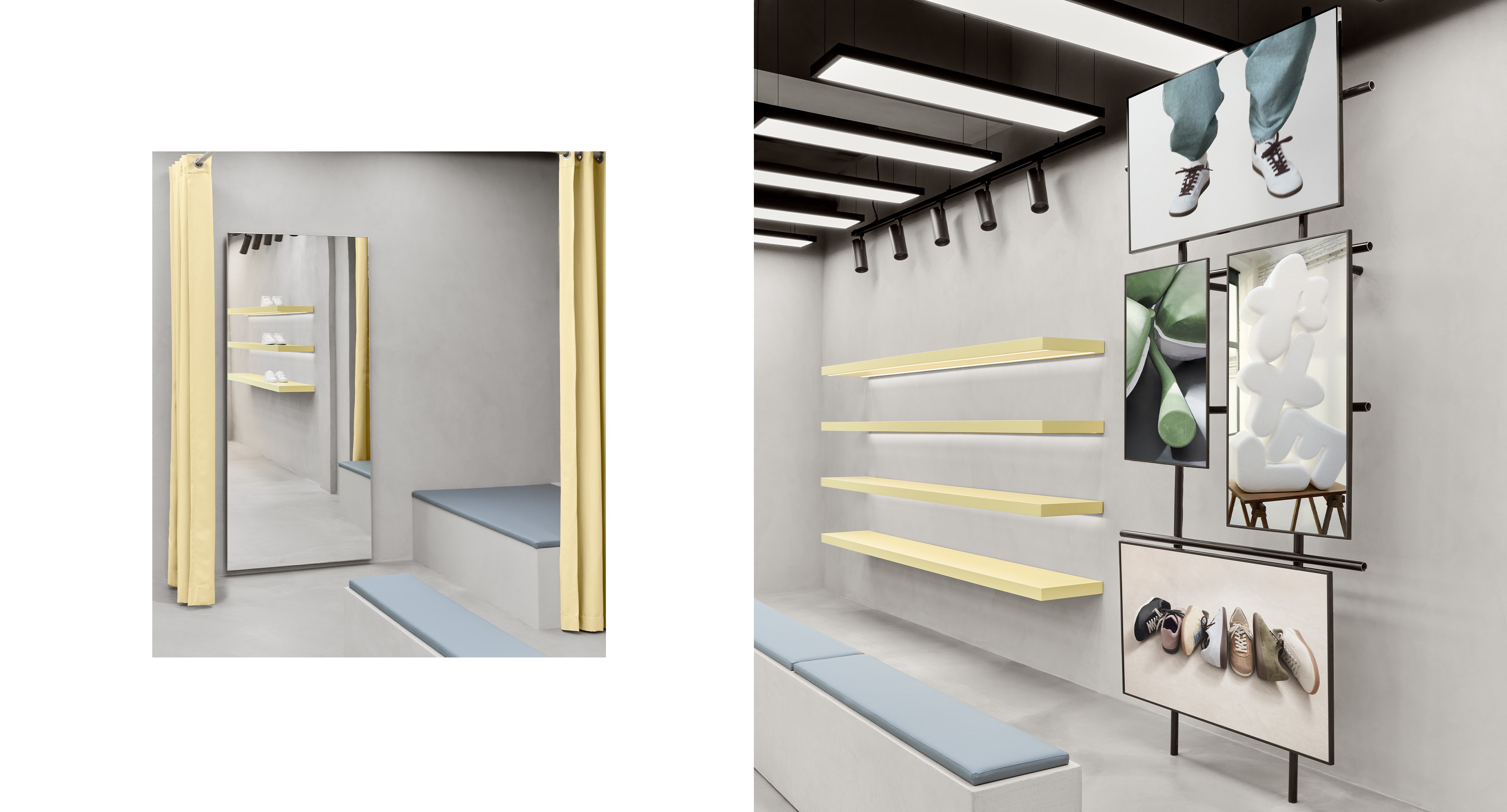 Modern store interior with minimalist shelves, decorative panels, seating, and a mirror reflecting the sleek design.