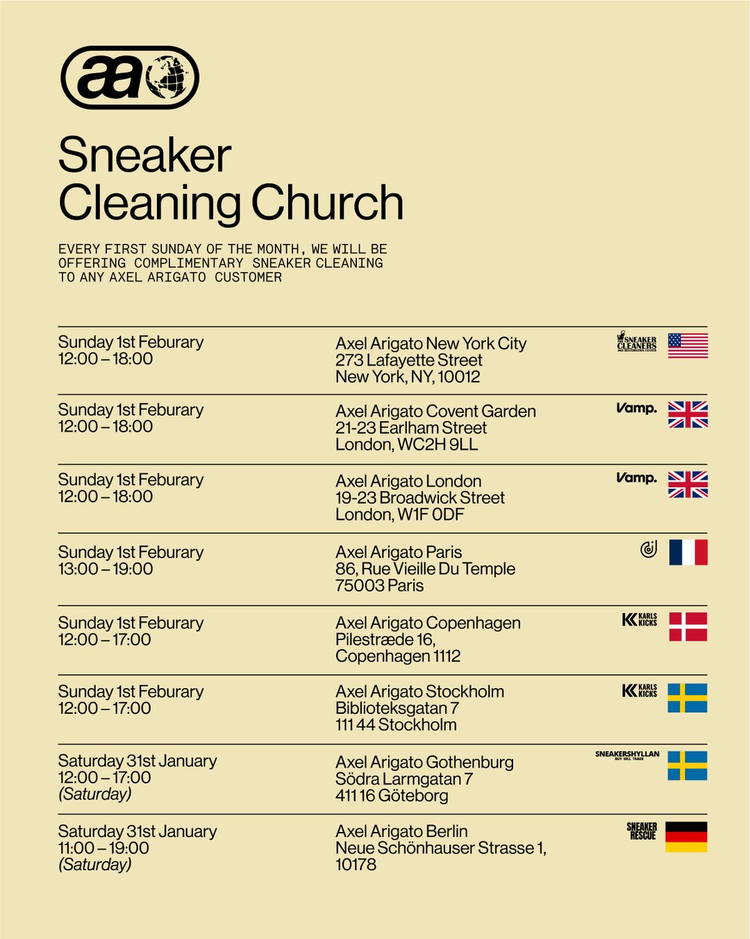 Poster for "Sneaker Cleaning Church" with dates, times, and locations in the US, UK, France, Denmark, and Germany for free sneaker cleaning events.