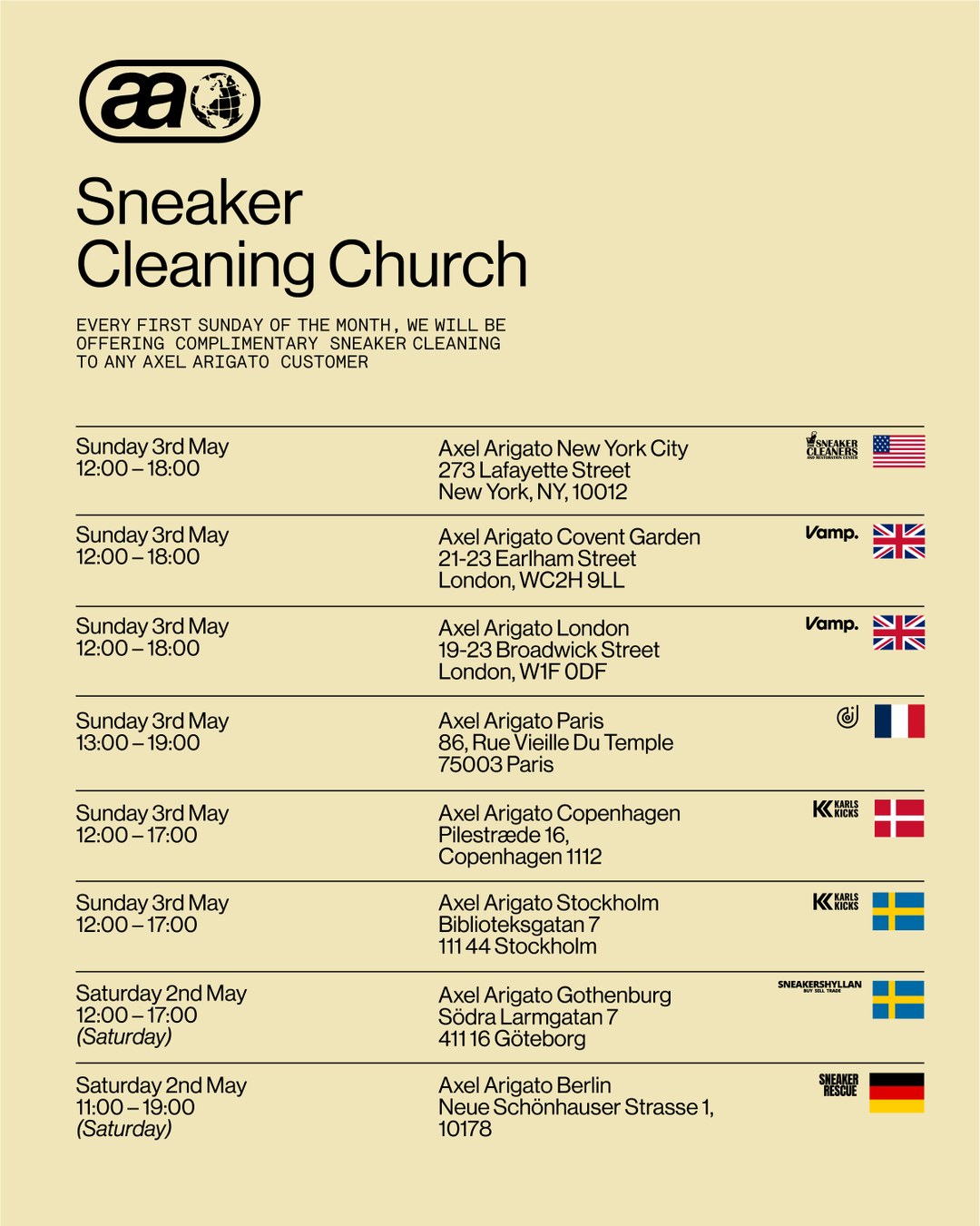 Promotional poster for "Sneaker Cleaning Church" listing dates, times, and locations in New York, London, Paris, Copenhagen, Stockholm, and Munich.