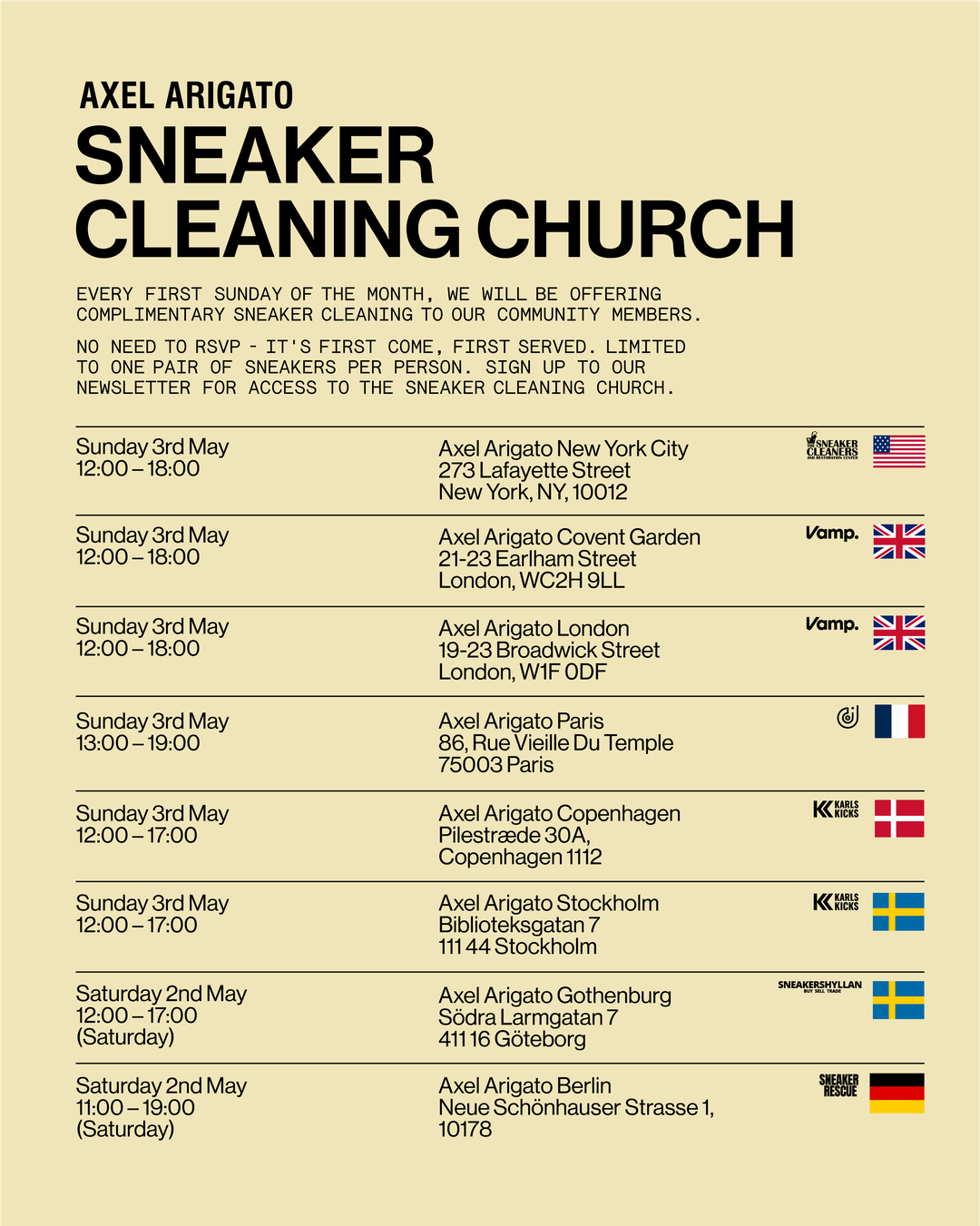 Flyer for Axel Arigato's Sneaker Cleaning Church event, listing locations and times in New York, London, Paris, Copenhagen, Stockholm, Gothenburg, and Berlin.