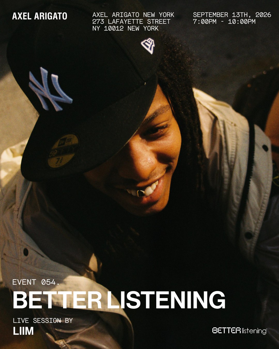 Person wearing a New York Yankees cap smiles, promoting an event at Axel Arigato New York on September 13, 2026, featuring a live session by LIIM.