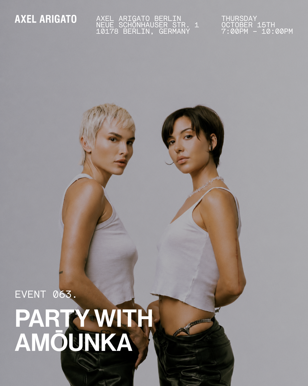 Two individuals in white tops posing against a gray background, promoting a "Party with Amounka" event in Berlin on October 15th from 7:00 PM to 10:00 PM.