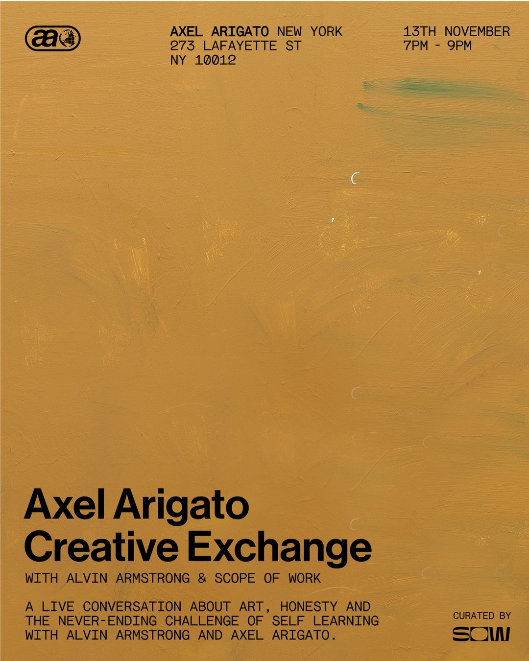 Poster for Axel Arigato Creative Exchange event in New York on November 13, featuring Alvin Armstrong and Scope of Work.