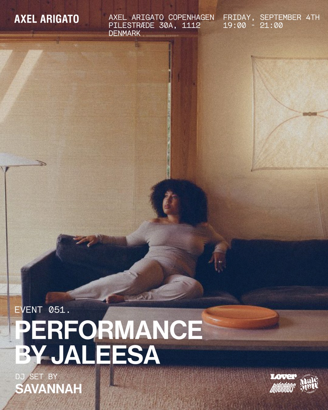 A person sitting on a couch in a dimly lit room, advertisement for a performance by Jaleesa at Axel Arigato Copenhagen, featuring DJ set by Savannah.