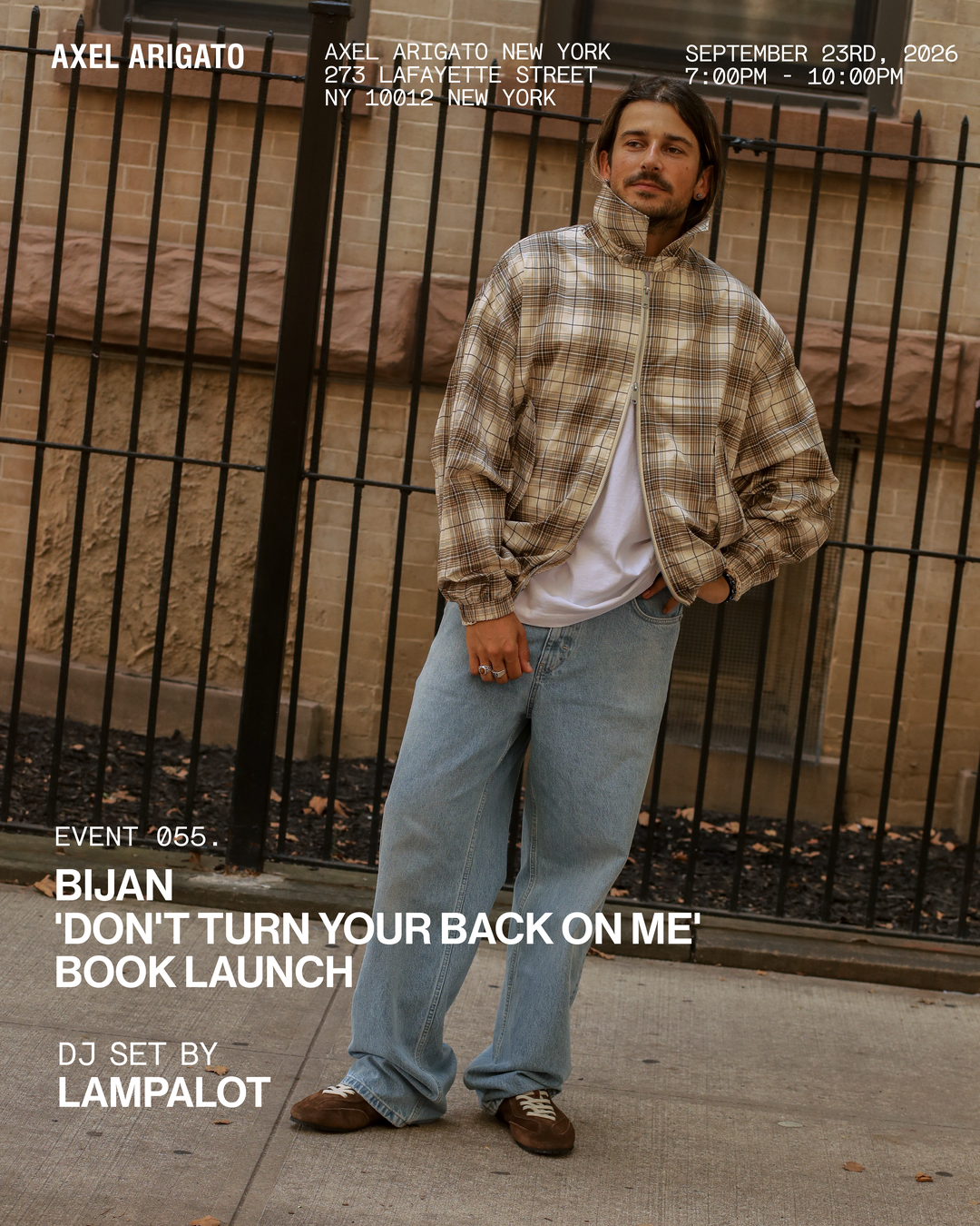 A person leans against a fence wearing a plaid jacket and jeans. Text details a book launch event at Axel Arigato New York on September 23rd, 2026.